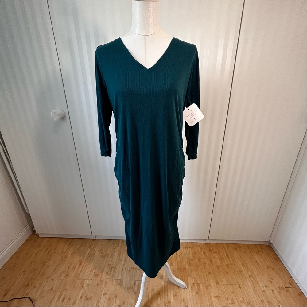 NWT Isabel Maternity by Ingrid and Isabel teal ribbed stretch vneck dress Size L